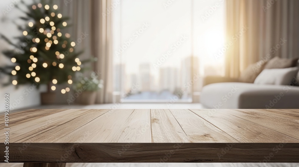 Poster empty woooden table top with abstract warm living room decor with christmas tree string light blur b