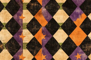 Vintage Halloween-Themed Geometric Pattern with Stars and Diamonds in Orange, Black, and Purple