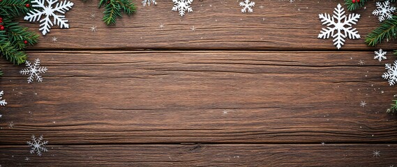 Fototapeta premium Empty wooden table top with frame made of snowflakes and fir tree branches. Background for design for winter holidays, Christmas and New Year. Top view, flat lay with copy space