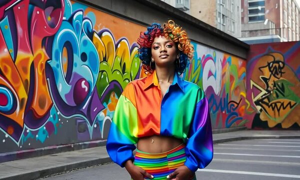 Colorful urban fashion shoot featuring a model with vibrant hair against a graffiti backdrop in a city setting