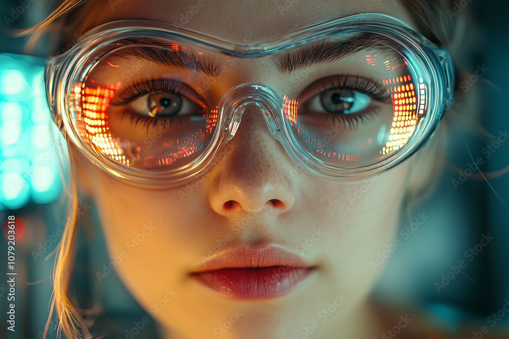Poster female engineer in goggles, focused on tech in a lab