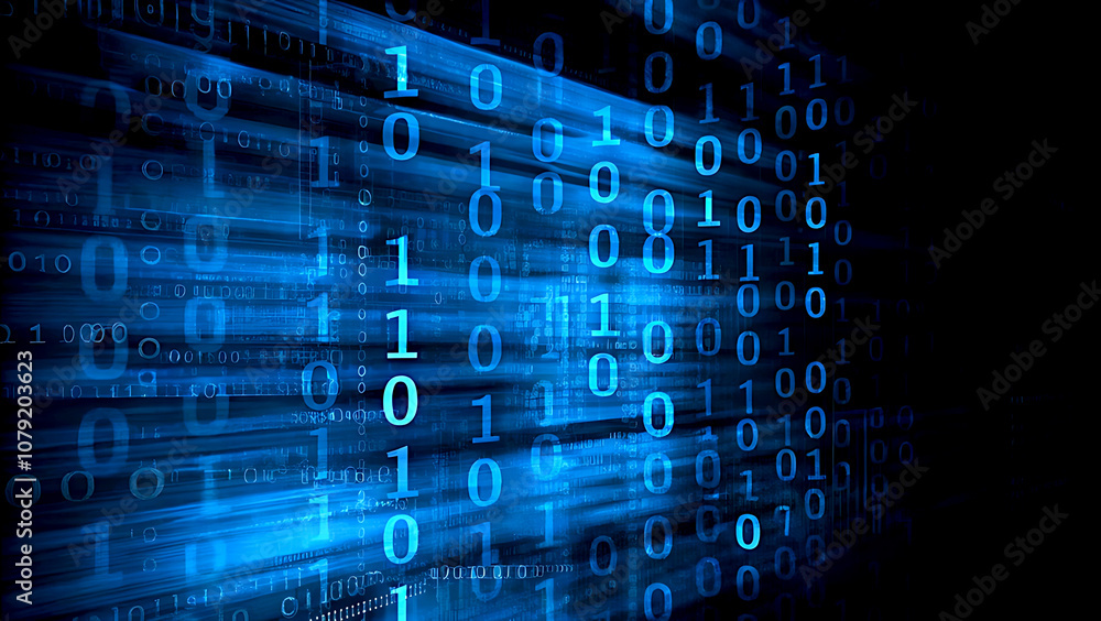 Fototapete blue digital binary data on computer screen background
