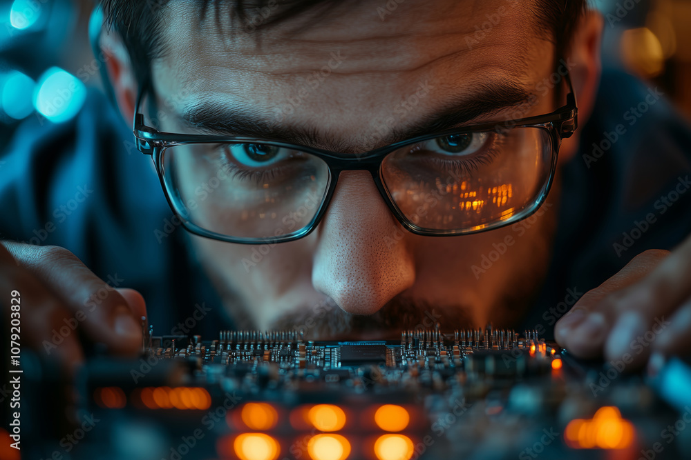 Aufkleber curious male engineer examines intricate electronics in a dimly lit workshop