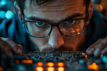 Curious male engineer examines intricate electronics in a dimly lit workshop