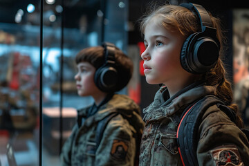 Curious students engaged in auditory learning at an interactive exhibit