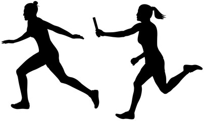 relay race, silhouette of two female runners passing the baton isolated on a white background