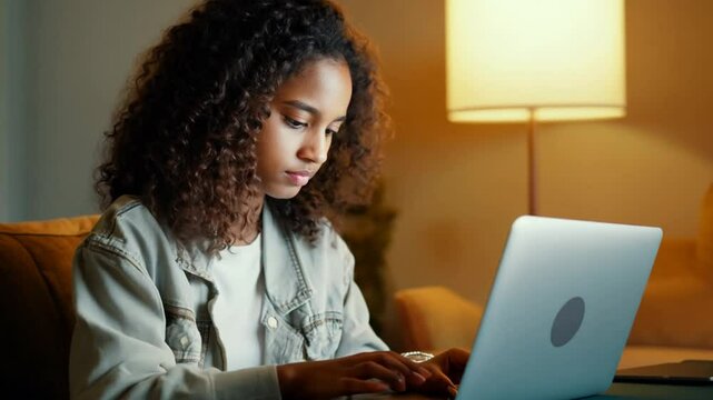 Girl With Curly Hair Studies at Her Living Room Desk Generative AI