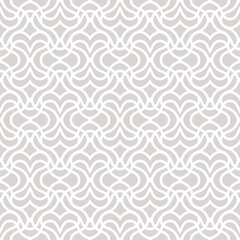 Vector geometric pattern. Seamless texture in oriental style. Abstract subtle ornament with curved lines, lattice, grid, heart shapes. Gray and white ornamental background. Repeated modern geo design