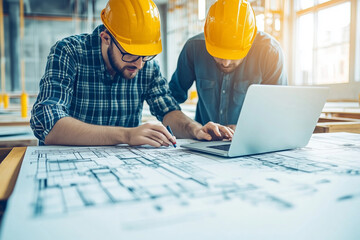 Architect and tradesman collaborating on plans in bright workspace