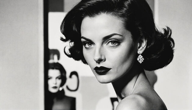 A woman with dark hair and bold makeup looks over her shoulder towards the camera