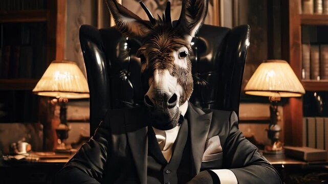 A donkey wearing a suit sits in an office chair with his arms crossed, looking out with a serious expression