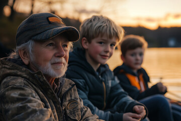 Fototapeta premium Three generations enjoying a peaceful evening by the fishing lake