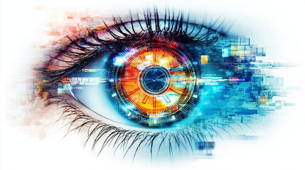 Ausschnitt Auge digital mit Symbol in Iris gezeichnet Bunstiftzeichnung neonfarben Bleistift Generative AI