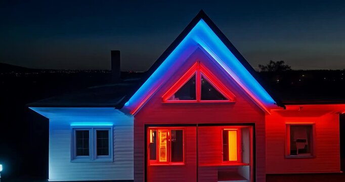 a modern house with a sharp triangular roof, highlighted by intense red and blue neon lights, casting reflections
