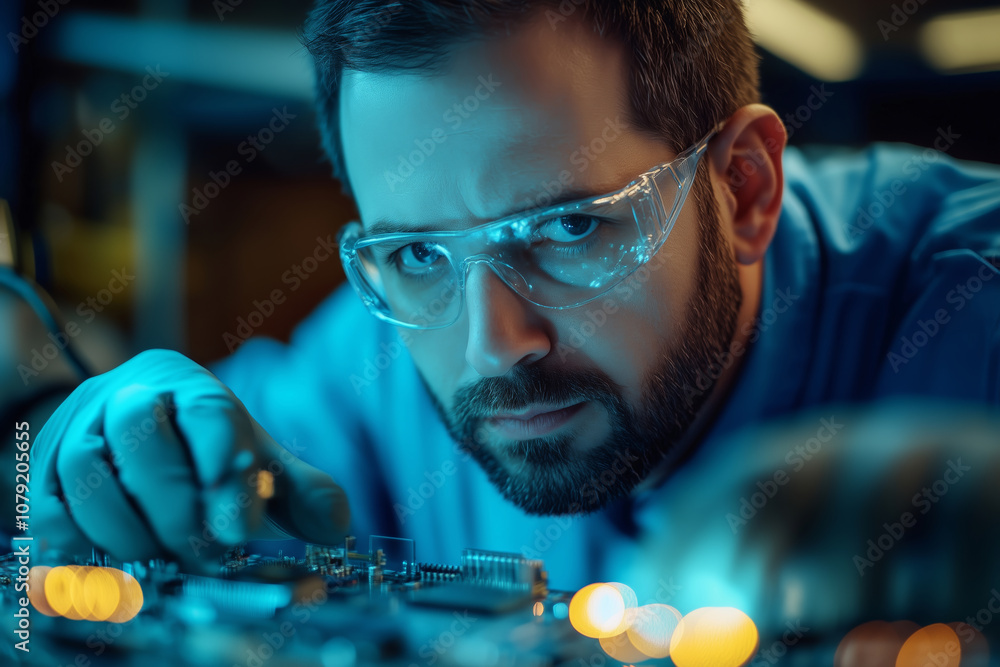 Poster Dedicated engineer meticulously assembling a circuit board in a modern workspace