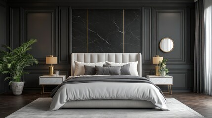 Fototapeta premium Modern Minimalist Bedroom Interior with Black Walls and a White Bed