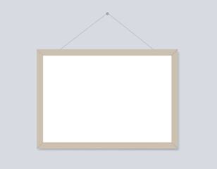 Photo frame hanging on rope. Horizontal A-4 picture. Empty Mockup for photos, cards, exhibition, presentation. Blank Vector template. EPS10.