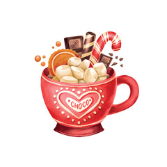 Vector collection of watercolor Christmas elements, cacao mug