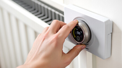 Naklejka premium Hand Adjusting Smart Thermostat on Radiator, Energy Efficiency and Home Automation Concept. Controlling Room Temperature, Smart Home Technology