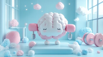 A cute cartoon brain is working out with pink dumbbells in a pastel blue and pink gym.