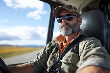 Fototapeta premium Truck Driver Wears Rugged Gear and Baseball Cap on the Road