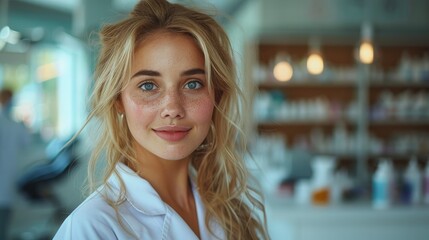 Fototapeta premium A young woman with blonde hair and blue eyes smiles at the camera while wearing a white lab coat in a pharmacy.