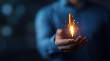 Launching innovation conceptual rocket in hand digital environment close-up viewpoint