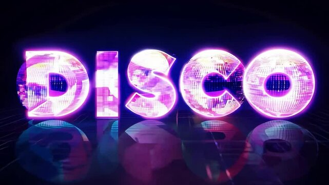 An animated lettering of the word disco made of animated lights and mirrors in an 80s look.