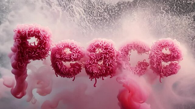An animated lettering of the word Peace as a pink background with a particle explosion.