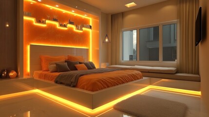 Fototapeta premium Modern bedroom with a large bed, orange accents, and LED lighting.