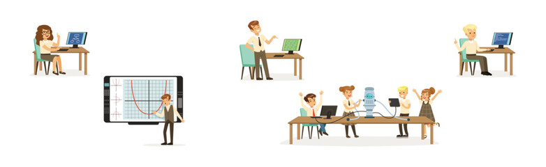 Boy and Girl at School Lesson Gain Subject Knowledge Vector Set