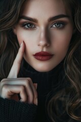 Woman Secret. Gesture of Silence: Close-up of Girl's Face on Black Background