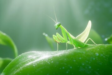 Fototapeta premium Mantis resting on a green leaf under natural light in a serene environment