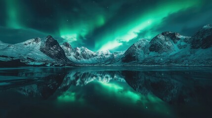 Aurora borealis display arctic mountains nature photography winter landscape wide angle natural phenomenon