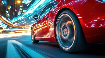Speeding red sports car urban nightscape high-speed photography dynamic environment low angle motion blur effect