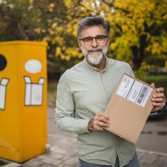 Portrait of senior man stand in front parcel machine with package