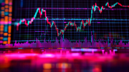 Candlestick chart with colorful lines and grid on digital screen. Concept of financial data analysis and stock market trends.