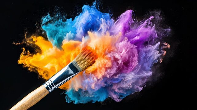 Paintbrush creating colorful powder explosion with hues on black background. Concept of creativity and artistic expression.