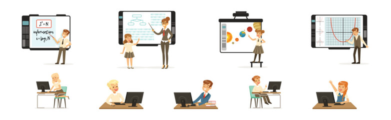 Boy and Girl at School Lesson Gain Subject Knowledge Vector Set