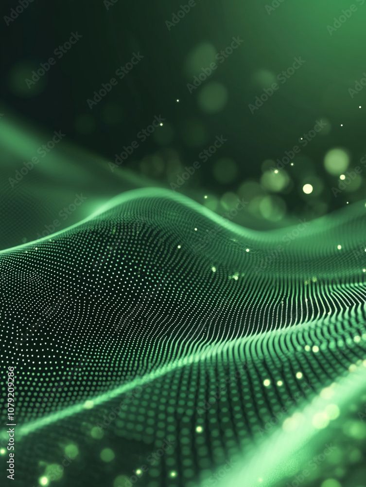 Poster a green abstract background with a wavy pattern made of small dots and blurry lights in the backgrou