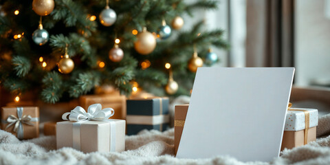  Concept photo of Happy New Year 2025 with Christmas Tree, Gift Packages, Blank White Card, space for text