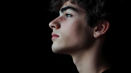 Fototapeta premium Low key portrait of a young man against a black background, dark relaxed profile shot with black copy spac. Chiaroscuro. Illustration