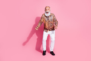 Photo of energetic old man feel young dance active club wear glamour clothes isolated pastel color background