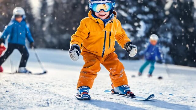 A child skiing joyfully in sunny snowy landscapes with friends on a winter day during a skiing lesson in the mountains