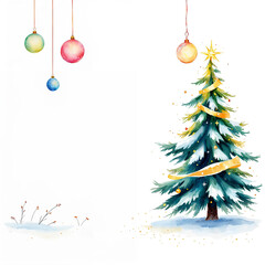 Illustration of Watercolor Christmas Ball, Christmas Ornament, XMAS Tree on White Background With Space for Text