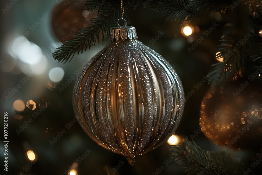 Poster close-up of a christmas tree with silver and gold ornaments, bokeh lights, and shallow depth of fiel