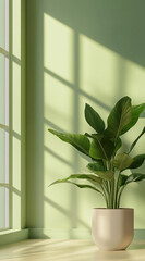 Green plant in a pot sits on the floor against a soft wall, bathed in natural sunlight