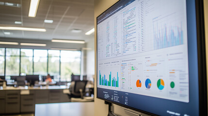 Office screen displaying financial data and analytics in a professional setting