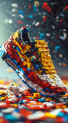 Fototapeta premium Shoe crafted from colorful interlocking bricks, hovering amidst scattered pieces. Concept of creativity, innovation, and playful design.