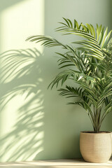 Green plant in a pot sits on the floor against a soft wall, bathed in natural sunlight